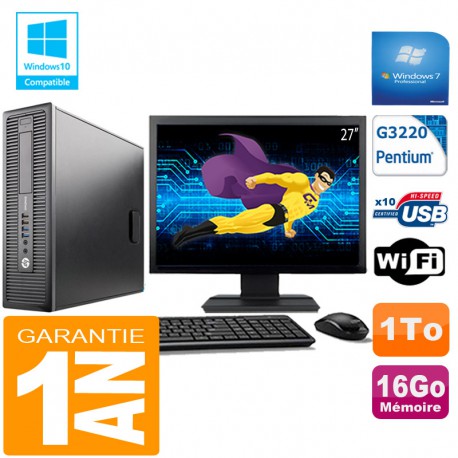 PC HP EliteDesk 800 G1 SFF Intel G3220 16Go Disque 1 To Wifi W7 Ecran 27"