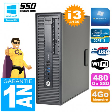 PC HP EliteDesk 800 G1 SFF Core I3-4130 4Go Disque 480Go SSD Graveur DVD Wifi W7