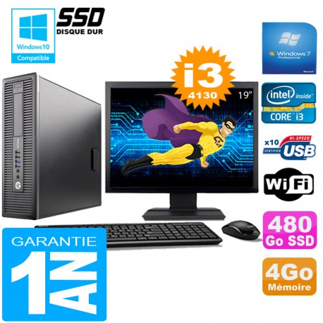 PC HP EliteDesk 800 G1 SFF Core I3-4130 4Go Disque 480 Go SSD Wifi W7 Ecran 19"