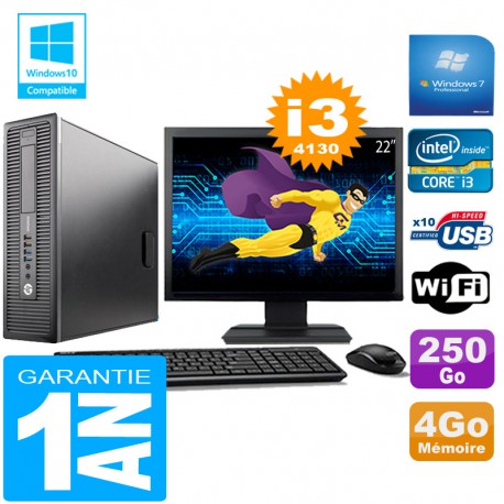 PC HP EliteDesk 800 G1 SFF Core I3-4130 4Go Disque 250 Go Wifi W7 Ecran 22"