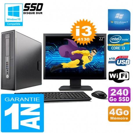 PC HP EliteDesk 800 G1 SFF Core I3-4130 4Go Disque 240 Go SSD Wifi W7 Ecran 22"