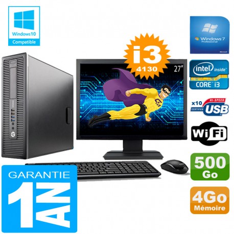 PC HP EliteDesk 800 G1 SFF Core I3-4130 4Go Disque 500 Go Wifi W7 Ecran 27"