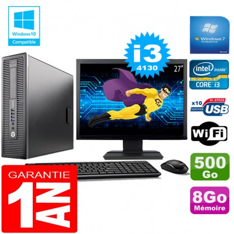 PC HP EliteDesk 800 G1 SFF Core I3-4130 8Go Disque 500 Go Wifi W7 Ecran 27"
