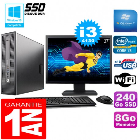 PC HP EliteDesk 800 G1 SFF Core I3-4130 8Go Disque 240 Go SSD Wifi W7 Ecran 27"