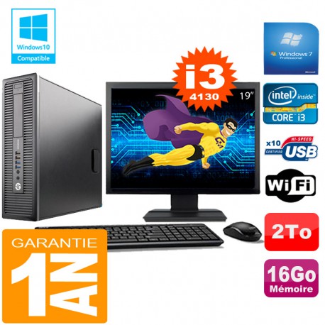 PC HP EliteDesk 800 G1 SFF Core I3-4130 16Go Disque 2 To Wifi W7 Ecran 19"
