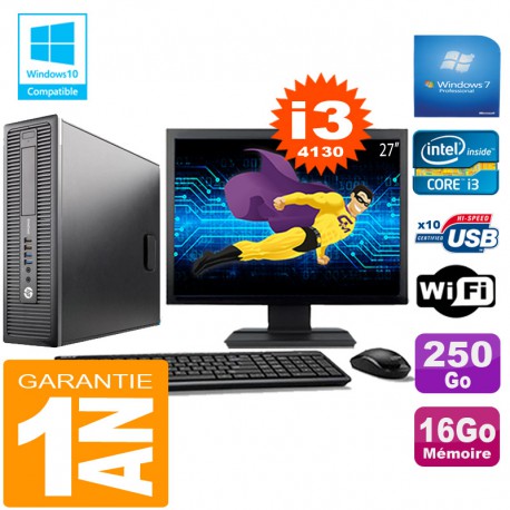 PC HP EliteDesk 800 G1 SFF Core I3-4130 16Go Disque 250 Go Wifi W7 Ecran 27"