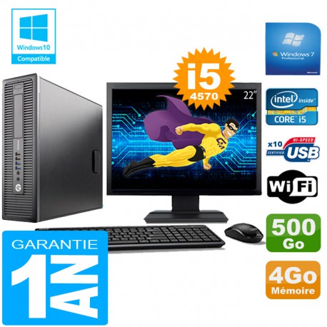 PC HP EliteDesk 800 G1 SFF Core I5-4570 4Go Disque 500 Go Wifi W7 Ecran 22"