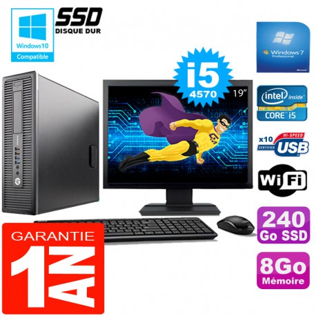 PC HP EliteDesk 800 G1 SFF Core I5-4570 8Go Disque 240 Go SSD Wifi W7 Ecran 19"