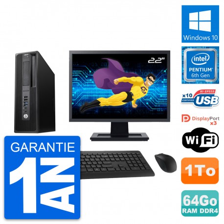 PC HP Z240 SFF Ecran 22" Intel Pentium G4400 RAM 64Go Disque 1To Windows 10 Wifi