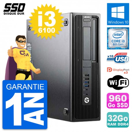 PC HP WorkStation Z240 SFF Intel Core i3-6100 RAM 32Go SSD 960Go Windows 10 Wifi