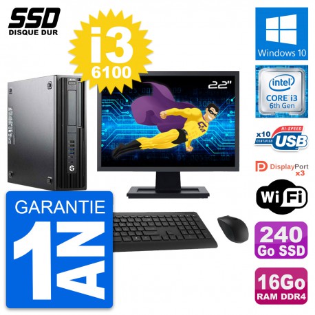 PC HP WorkStation Z240 SFF Ecran 22" i3-6100 RAM 16Go SSD 240Go Windows 10 Wifi