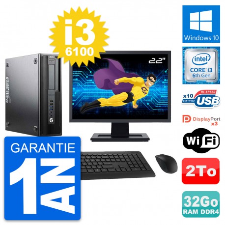 PC HP Z240 SFF Ecran 22" Intel Core i3-6100 RAM 32Go Disque 2To Windows 10 Wifi