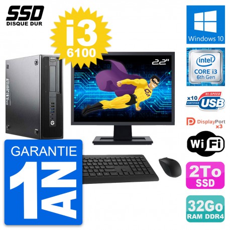PC HP WorkStation Z240 SFF Ecran 22" i3-6100 RAM 32Go SSD 2To Windows 10 Wifi