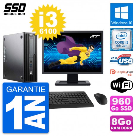 PC HP WorkStation Z240 SFF Ecran 27" i3-6100 RAM 8Go SSD 960Go Windows 10 Wifi
