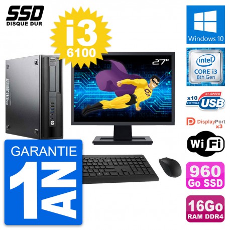 PC HP WorkStation Z240 SFF Ecran 27" i3-6100 RAM 16Go SSD 960Go Windows 10 Wifi