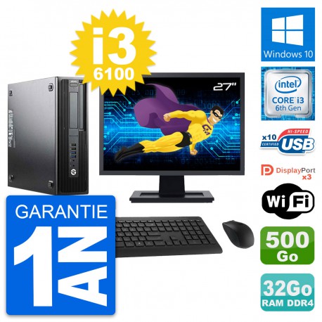 PC HP Z240 SFF Ecran 27" Intel i3-6100 RAM 32Go Disque Dur 500Go Windows 10 Wifi