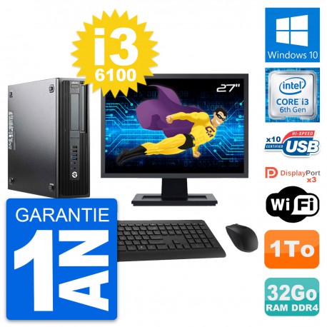 PC HP Z240 SFF Ecran 27" Intel Core i3-6100 RAM 32Go Disque 1To Windows 10 Wifi