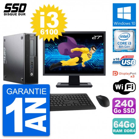 PC HP WorkStation Z240 SFF Ecran 27" i3-6100 RAM 64Go SSD 240Go Windows 10 Wifi