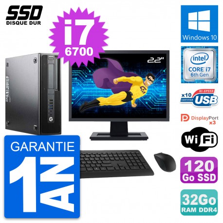 PC HP WorkStation Z240 SFF Ecran 22" i7-6700 RAM 32Go SSD 120Go Windows 10 Wifi