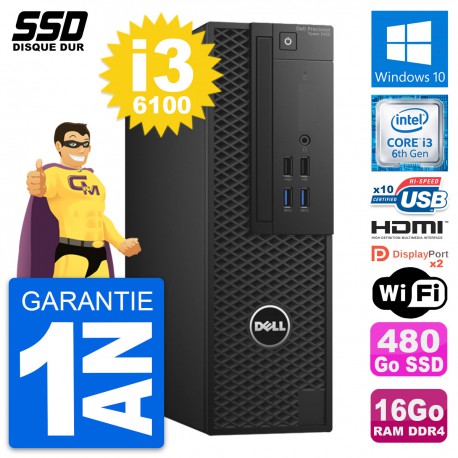 PC Dell Precision T3420 SFF Core i3-6100 RAM 16Go SSD 480Go HDMI Windows 10 Wifi