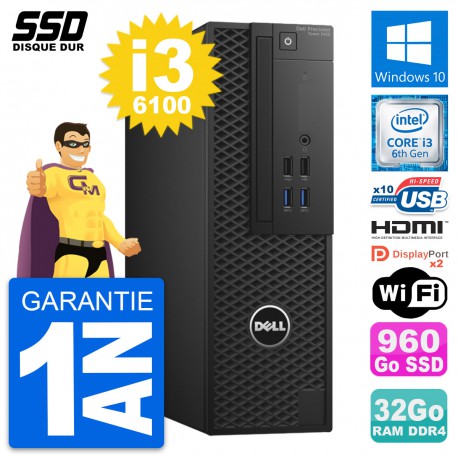PC Dell Precision T3420 SFF Core i3-6100 RAM 32Go SSD 960Go HDMI Windows 10 Wifi