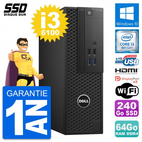 PC Dell Precision T3420 SFF Core i3-6100 RAM 64Go SSD 240Go HDMI Windows 10 Wifi