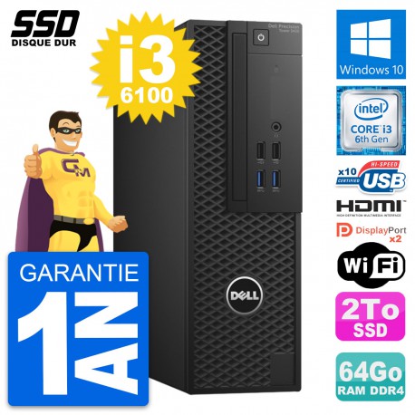 PC Dell Precision T3420 SFF Core i3-6100 RAM 64Go SSD 2To HDMI Windows 10 Wifi