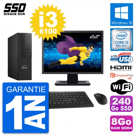 PC Dell T3420 SFF Ecran 22" Intel i3-6100 RAM 8Go SSD 240Go HDMI Windows 10 Wifi