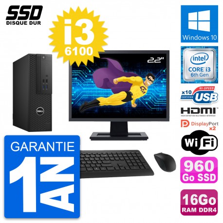 PC Dell T3420 SFF Ecran 22" Core i3-6100 RAM 16Go SSD 960Go HDMI Windows 10 Wifi