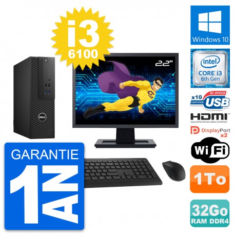 PC Dell T3420 SFF Ecran 22" i3-6100 RAM 32Go Disque 1To HDMI Windows 10 Wifi