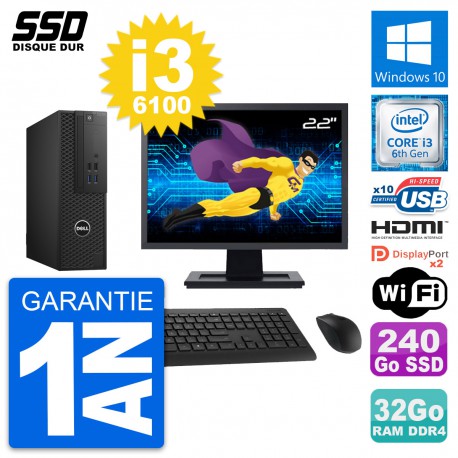PC Dell T3420 SFF Ecran 22" Core i3-6100 RAM 32Go SSD 240Go HDMI Windows 10 Wifi