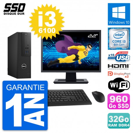 PC Dell T3420 SFF Ecran 22" Core i3-6100 RAM 32Go SSD 960Go HDMI Windows 10 Wifi