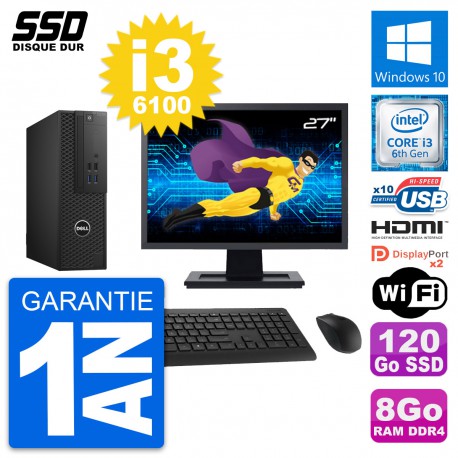PC Dell T3420 SFF Ecran 27" Intel i3-6100 RAM 8Go SSD 120Go HDMI Windows 10 Wifi