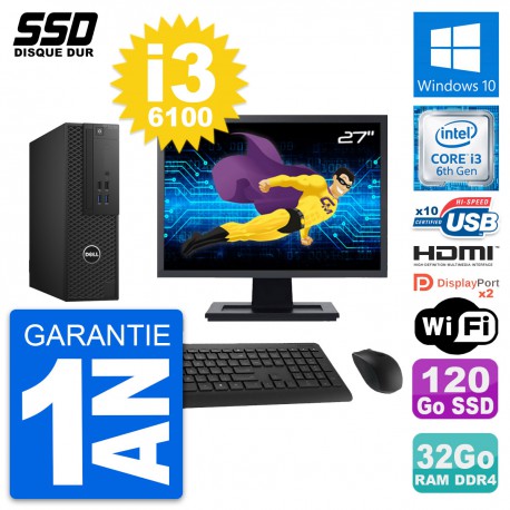 PC Dell T3420 SFF Ecran 27" Core i3-6100 RAM 32Go SSD 120Go HDMI Windows 10 Wifi