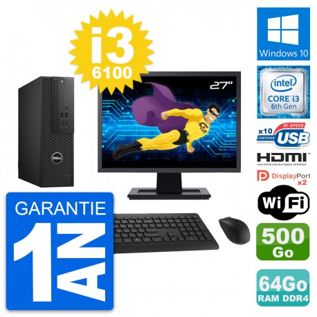 PC Dell T3420 SFF Ecran 27" i3-6100 RAM 64Go Disque 500Go HDMI Windows 10 Wifi