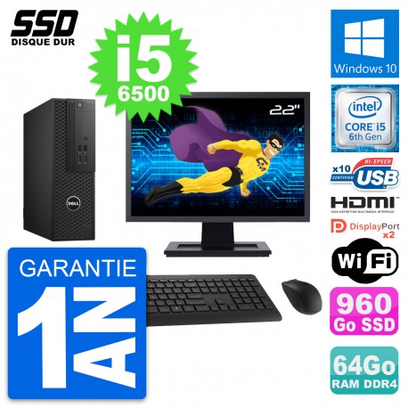PC Dell T3420 SFF Ecran 22" Core i5-6500 RAM 64Go SSD 960Go HDMI Windows 10 Wifi