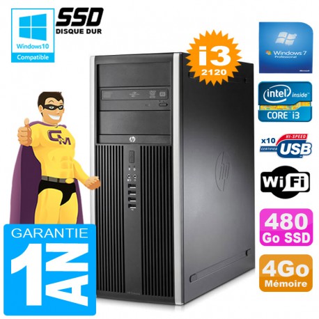 PC Tour HP Compaq 8200 Core I3-2120 Ram 4Go Disque 480Go SSD Graveur DVD Wifi W7