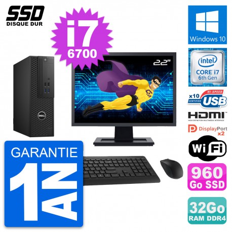 PC Dell T3420 SFF Ecran 22" Core i7-6700 RAM 32Go SSD 960Go HDMI Windows 10 Wifi