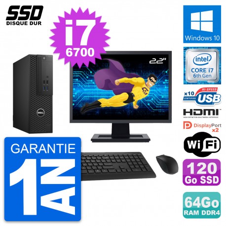 PC Dell T3420 SFF Ecran 22" Core i7-6700 RAM 64Go SSD 120Go HDMI Windows 10 Wifi