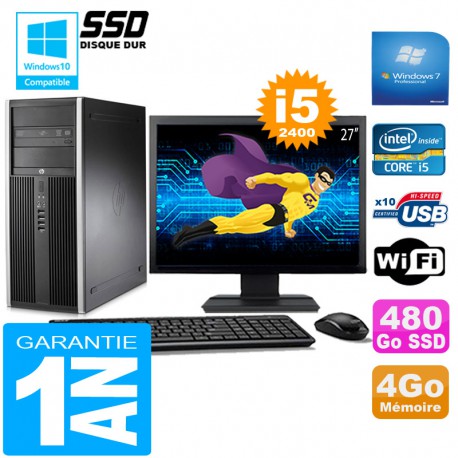 PC Tour HP Compaq 8200 Core I5-2400 Ram 4Go Disque 480Go SSD Wifi W7 Ecran 27"
