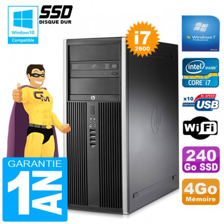 PC Tour HP Compaq 8200 Core I7-2600 Ram 4Go Disque 240Go SSD Graveur DVD Wifi W7