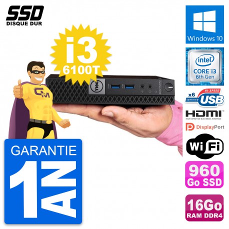 Mini PC Dell 5050 Micro Core i3-6100T RAM 16Go SSD 960Go HDMI Windows 10 Wifi