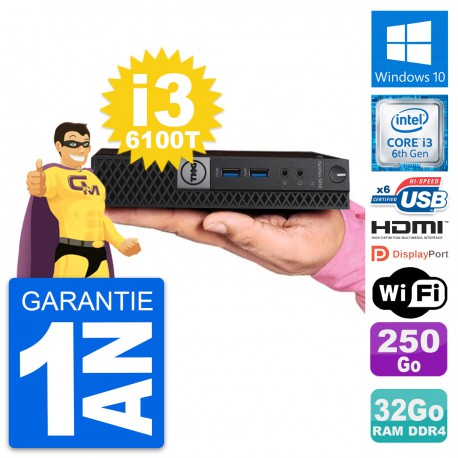 Mini PC Dell 5050 Micro Core i3-6100T RAM 32Go Disque 250Go HDMI Windows 10 Wifi