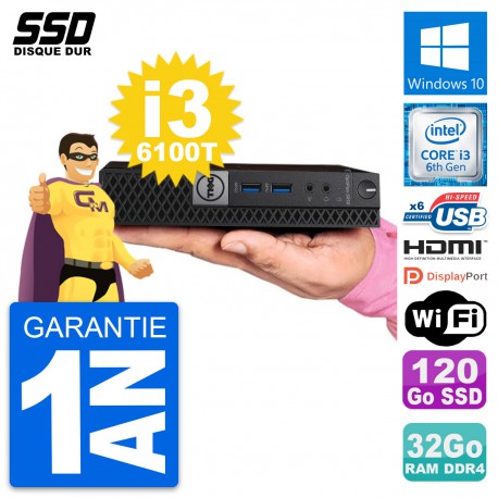 Mini PC Dell 5050 Micro Intel i3-6100T RAM 32Go SSD 120Go HDMI Windows 10 Wifi