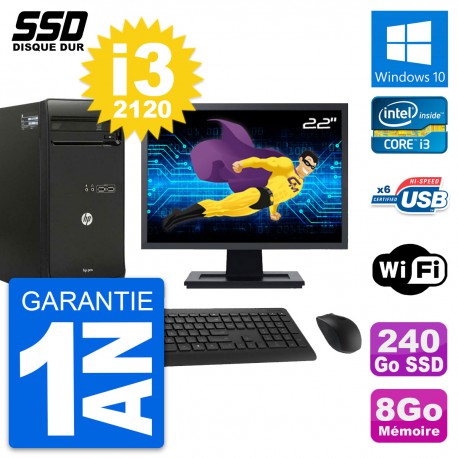 PC Tour HP Pro 3400 MT Ecran 22" Core i3-2120 RAM 8Go SSD 240Go Windows 10 Wifi