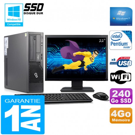PC Fujitsu Esprimo E500 E85+ SFF G640 4Go Disque 240Go SSD Wifi W7 Ecran 22"