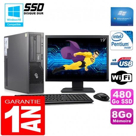 PC Fujitsu Esprimo E500 E85+ SFF G640 8Go Disque 480Go SSD Wifi W7 Ecran 19"