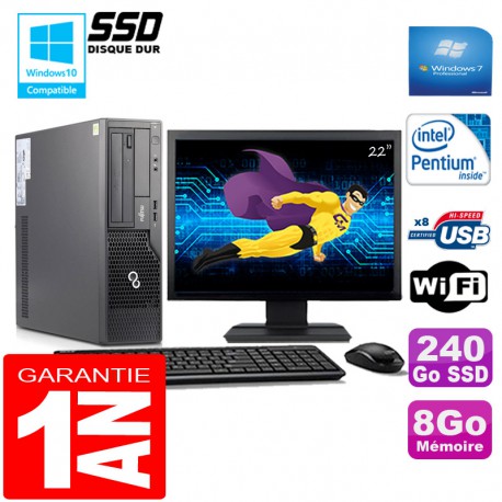 PC Fujitsu Esprimo E500 E85+ SFF G640 8Go Disque 240Go SSD Wifi W7 Ecran 22"