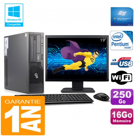 PC Fujitsu Esprimo E500 E85+ SFF G640 RAM 16Go Disque 250Go Wifi W7 Ecran 19"
