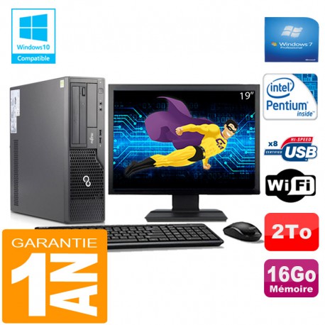 PC Fujitsu Esprimo E500 E85+ SFF Intel G640 16Go Disque 2 To Wifi W7 Ecran 19"